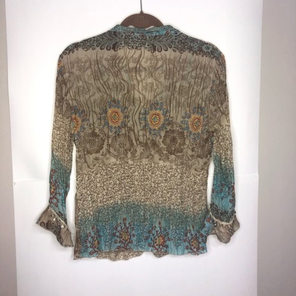 Dressbarn Boho Blouse Top M Button Up Embellished Long Sleeve Flare Cuff Multi - Picture 10 of 11